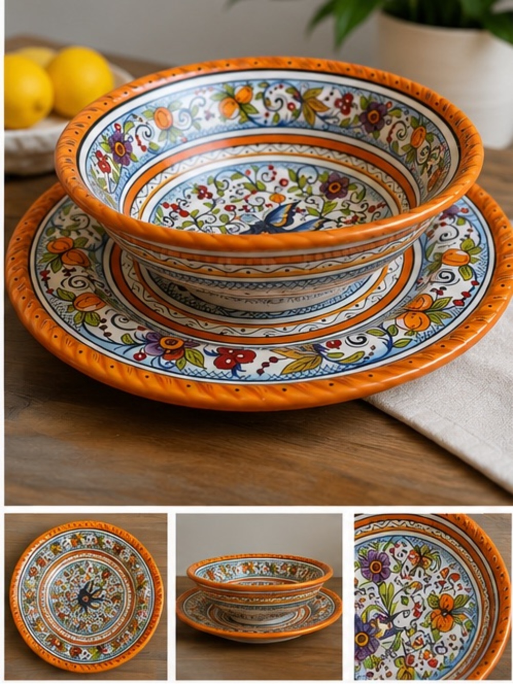 Handcrafted & Hand-Painted Ceramic Bowl & Platter Set Decorative Italian-Style